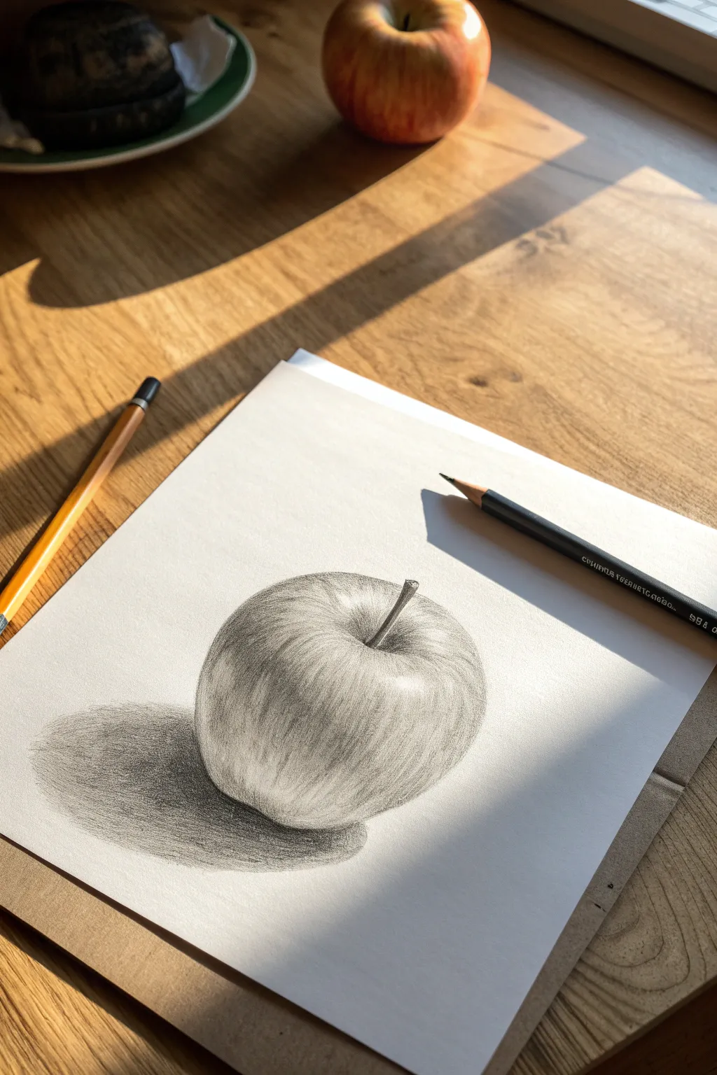 Pencil-shaded apple study with soft gradients, crisp highlight, and rich occlusion shadow.