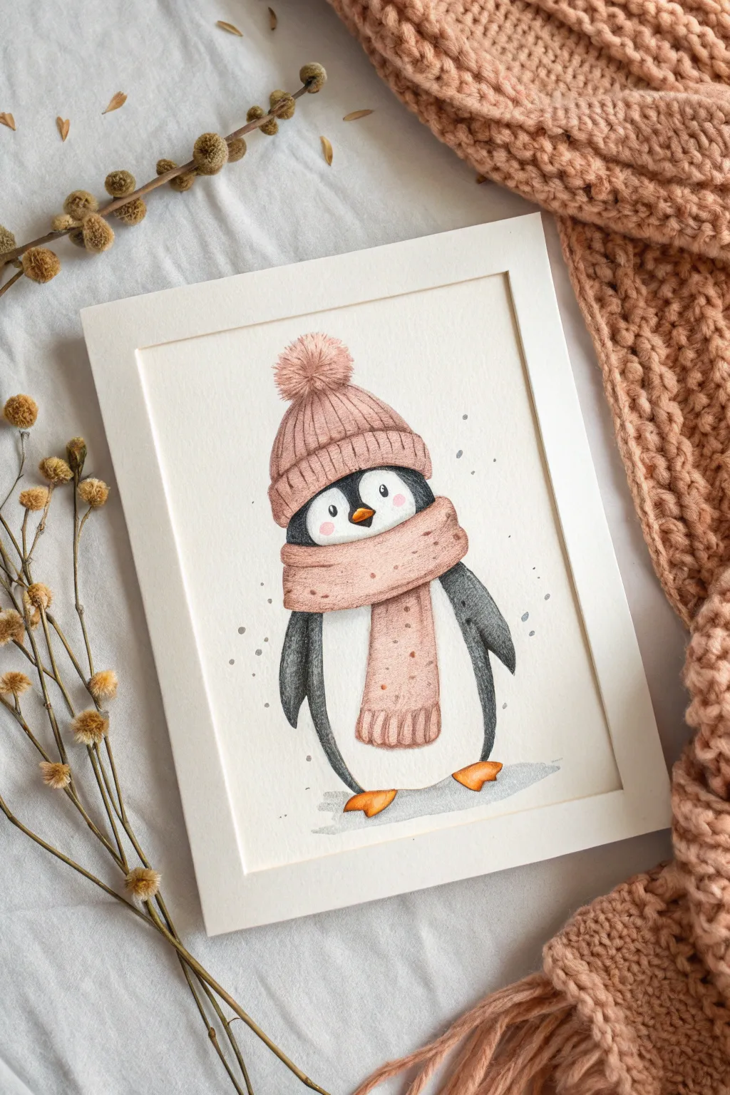 Cozy scarf-and-hat penguin in minimalist Nordic tones with a warm boho pop and soft snowflakes.