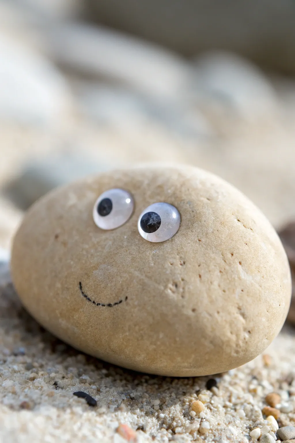 A tiny minimalist pet rock with googly eyes, crisp texture, and soft Scandinavian light.
