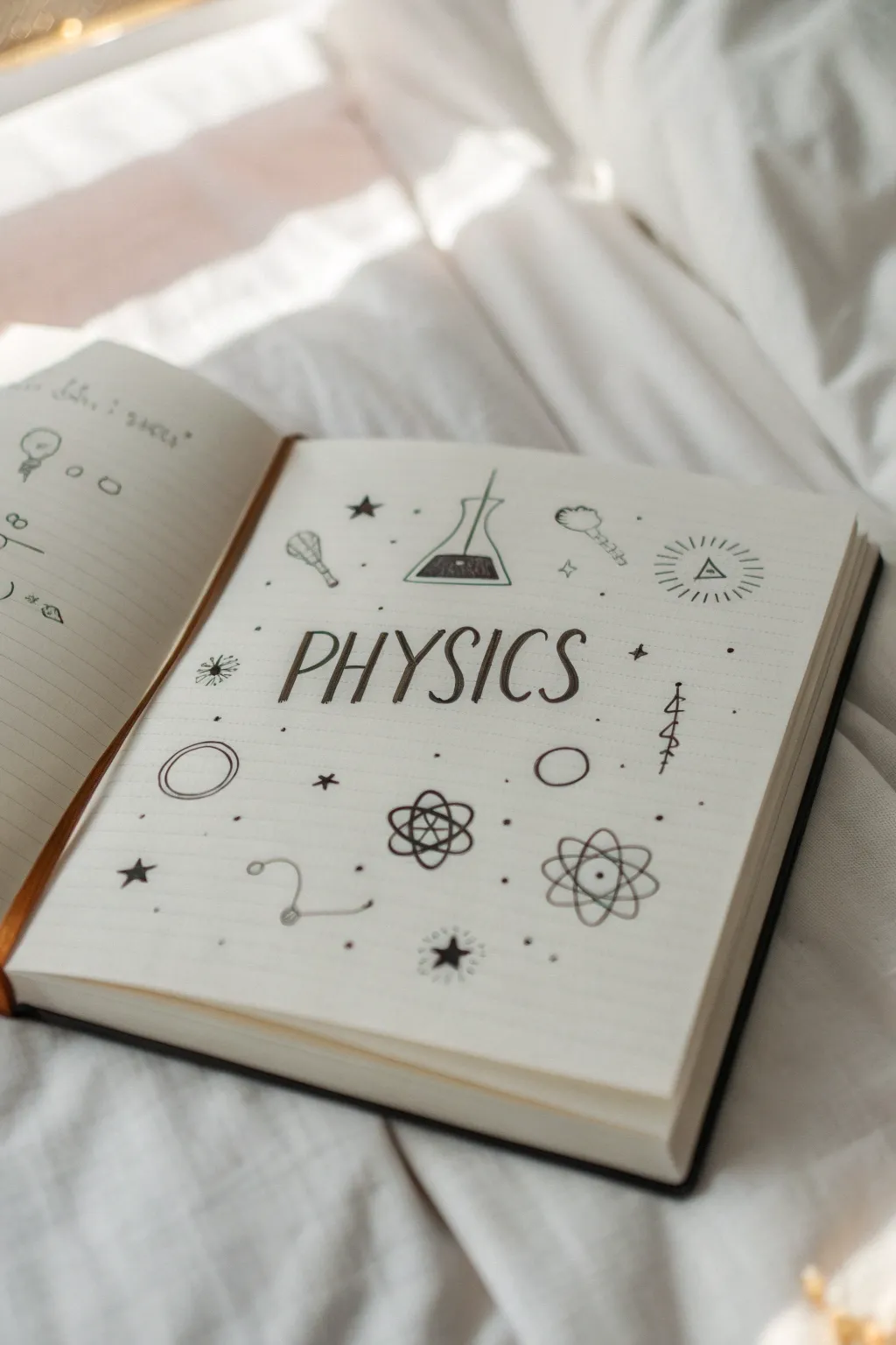 Minimal physics title page idea: bold hand lettering with a clean cloud of tiny science icons