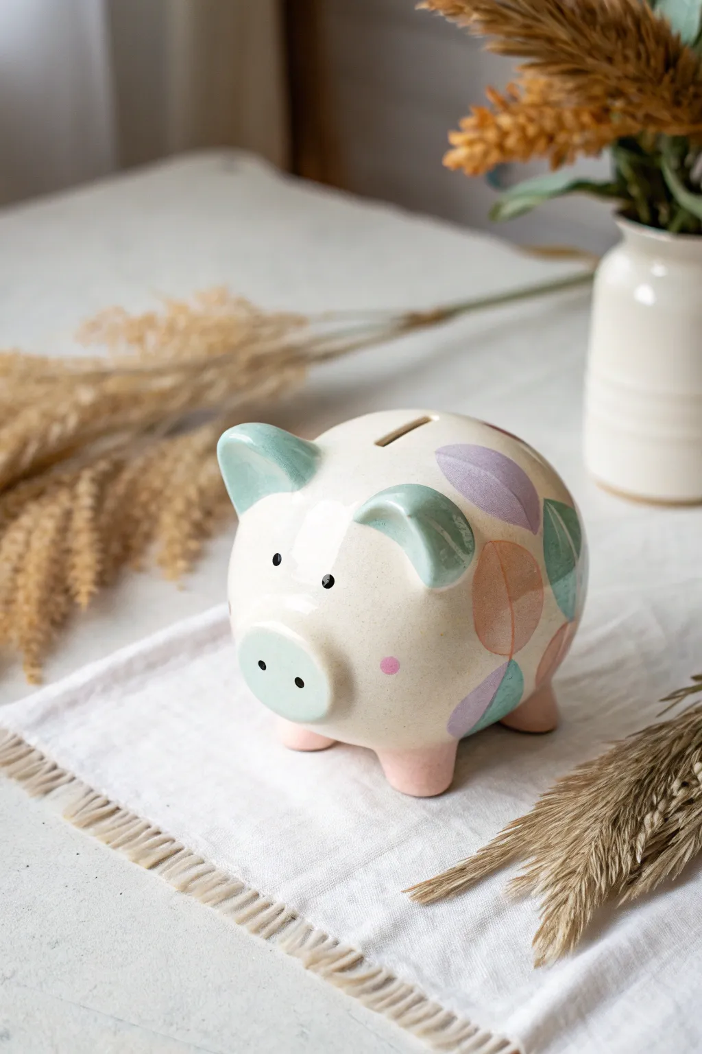 Pastel color-blocked piggy bank with crisp feet, ears, and snout for a modern minimalist DIY