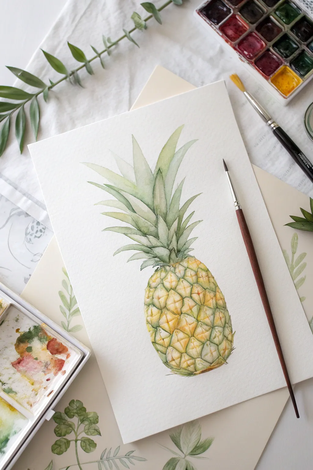 Airy watercolor pineapple wash in soft yellows and greens, an easy minimalist painting idea