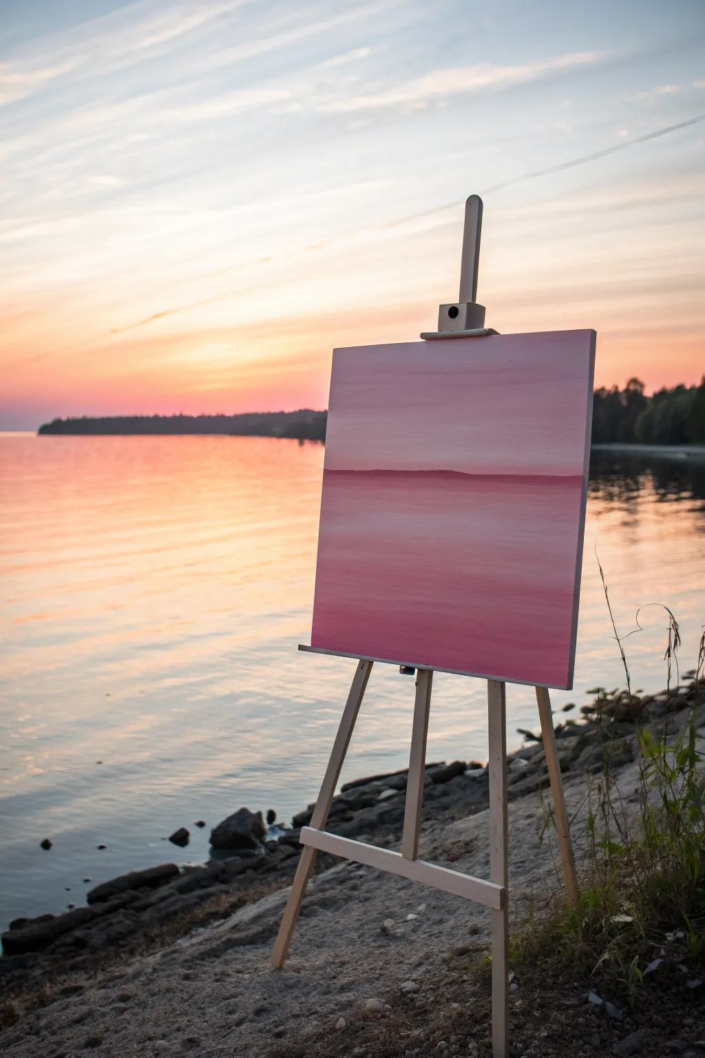 Minimalist pink ombre sunset over calm water, a soothing beginner canvas idea with Nordic-boho vibes