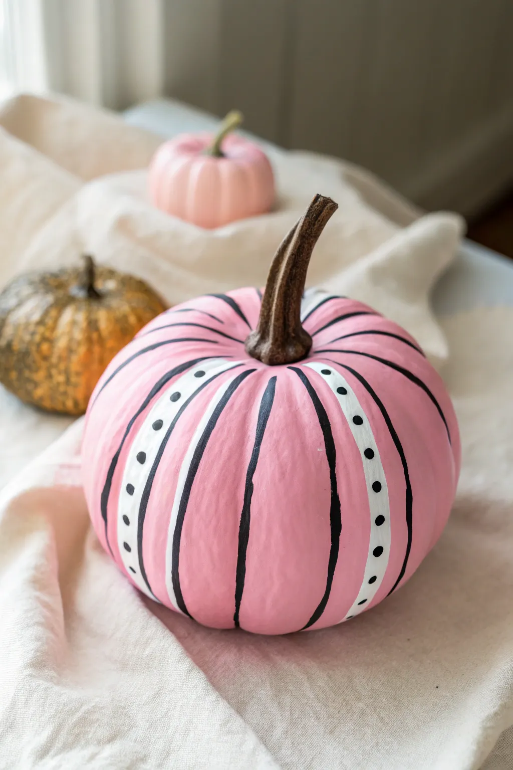 Hot pink pumpkin with crisp black and white accents for a bold minimalist fall statement.