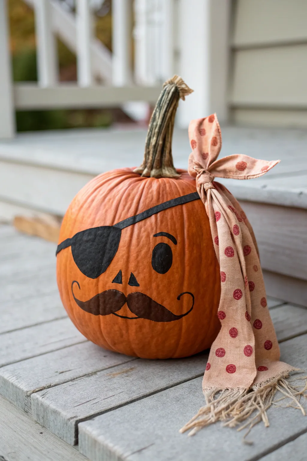 Minimal pirate pumpkin with painted face and fabric bandana, a chic DIY for cozy fall decor