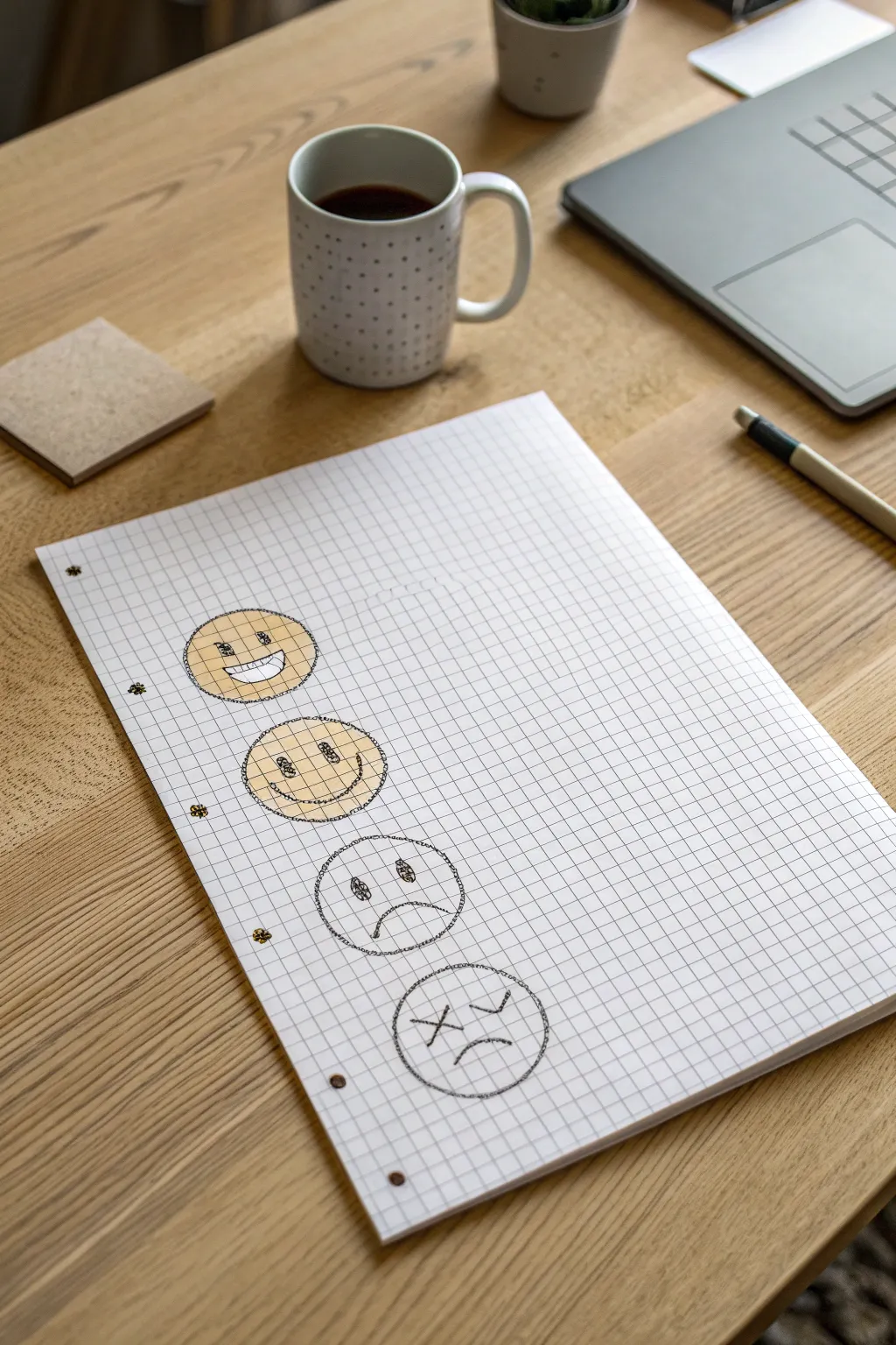 Four minimalist pixel smiley faces on a clear grid, simple expressions that are easy to recreate