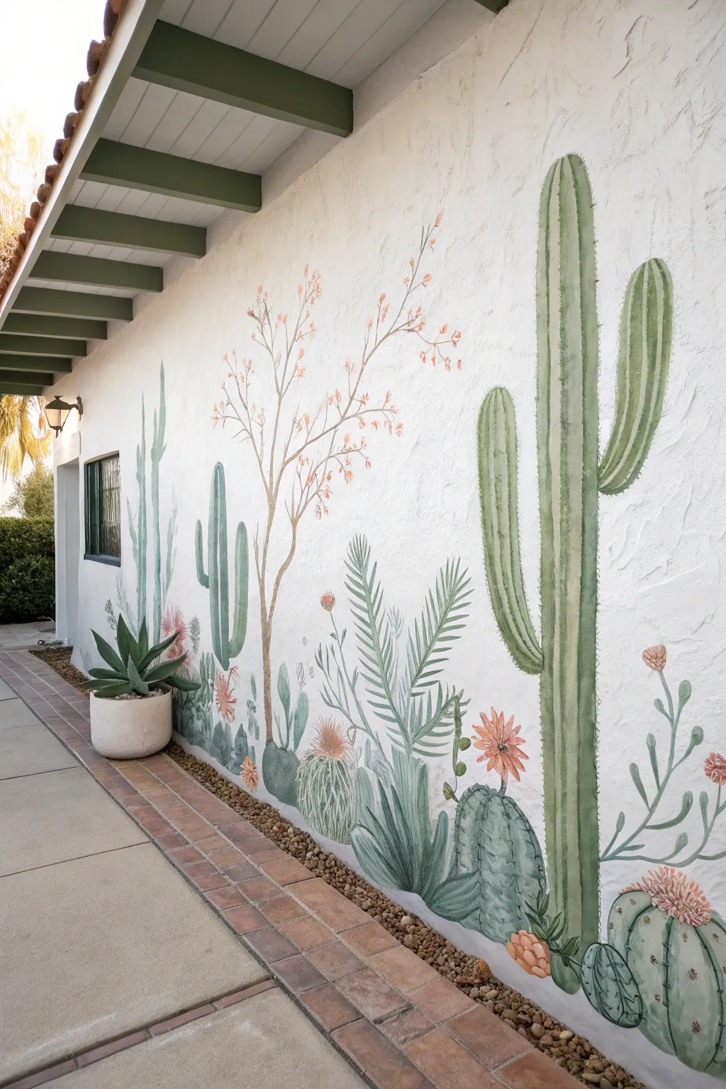 Soft watercolor cactus garden mural in sage and dusty pastels, airy minimalist boho mood