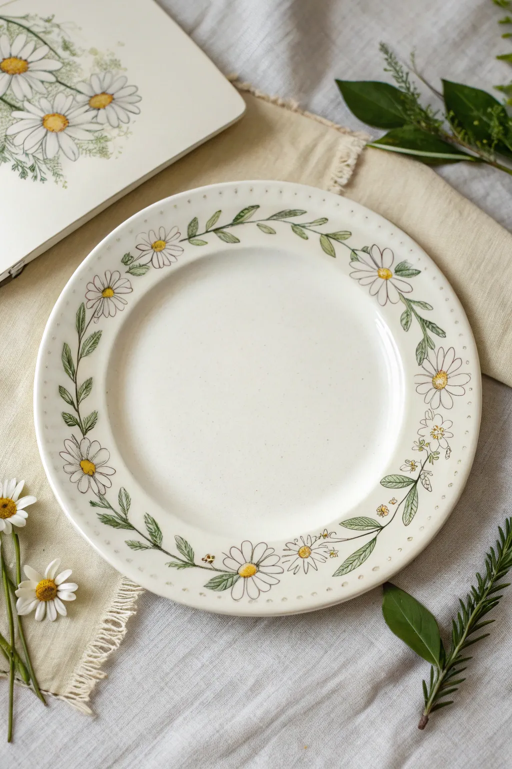 Simple daisy rim border plate design with a clean center, bright, minimal, and easy to recreate
