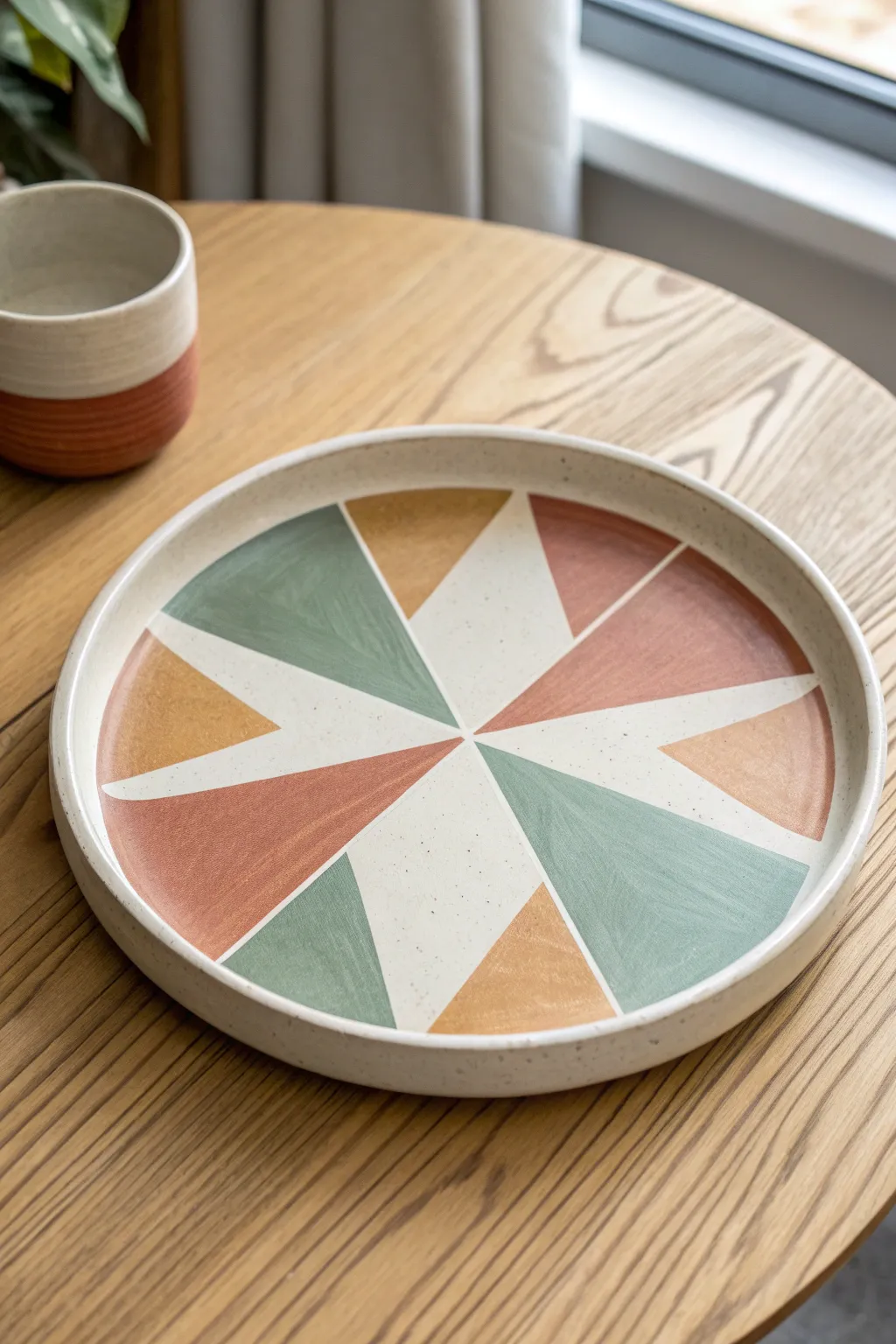 Crisp tape triangles and soft color blocks for an easy modern platter painting idea