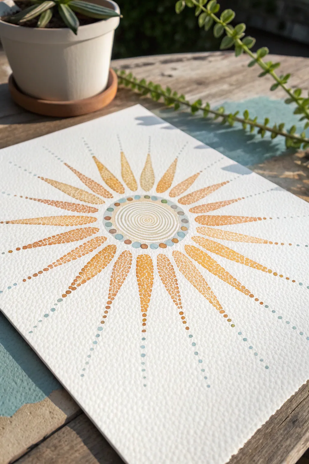 Minimal pointillism sunburst with warm-to-cool dot gradients for a glowing optical mix