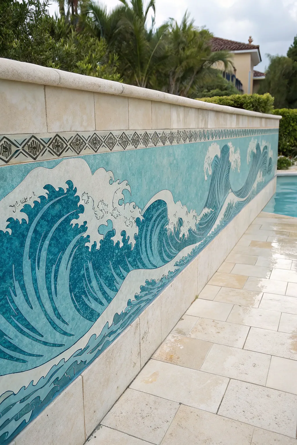 Classic rolling wave band mural in layered blues wrapping the pool wall, calm minimalist boho vibe.