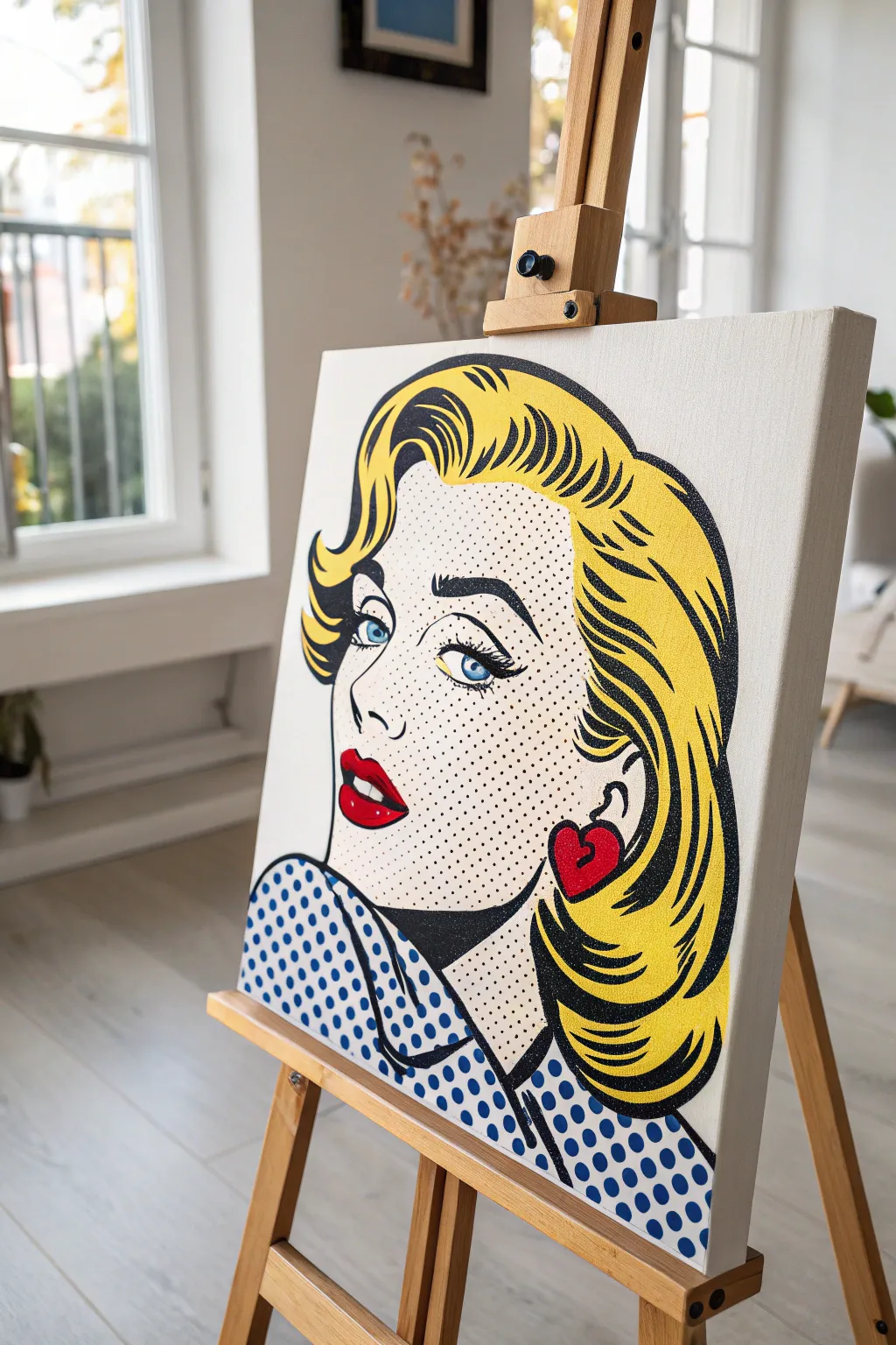 Ben-Day dot skin tones with bold primary color shadows in a clean Scandinavian pop art portrait