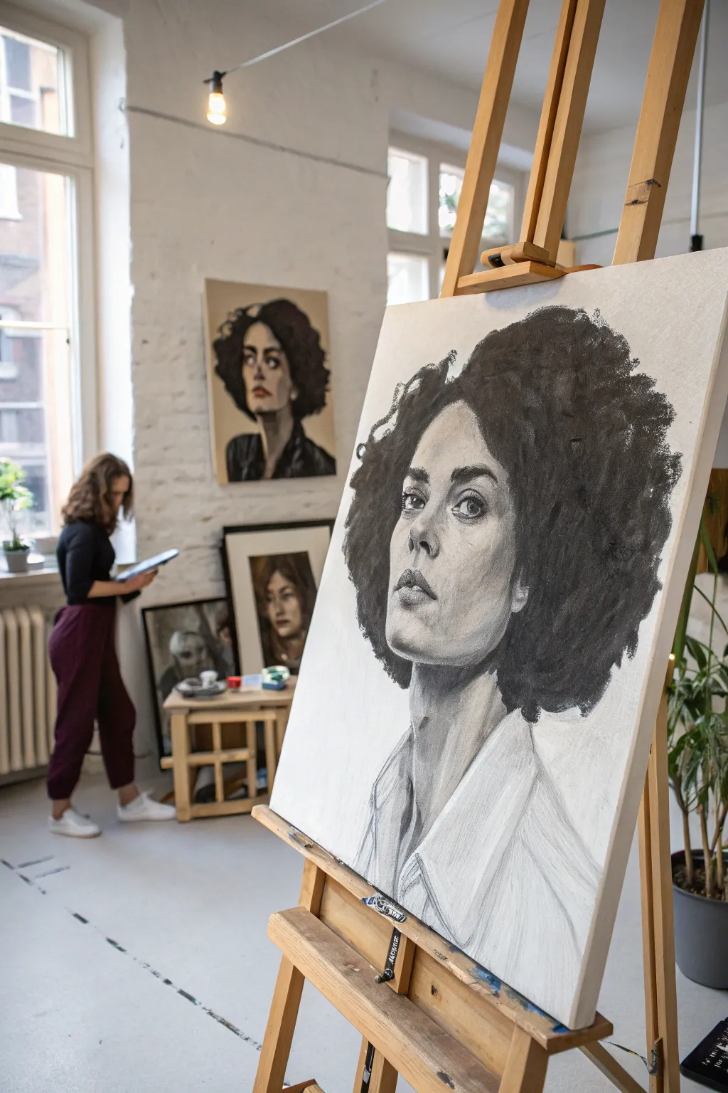 Work-in-progress portrait with bold value blocks, guided by a softly blurred photo reference.