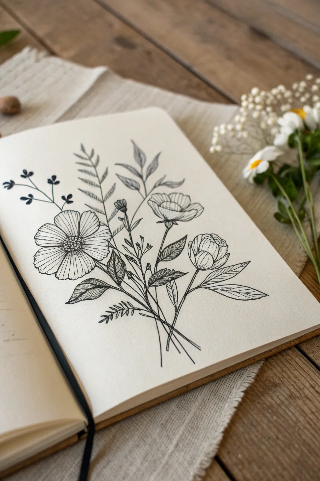 Blooming wildflowers in clean linework, a calm spring sketch that inspires positive drawing energy