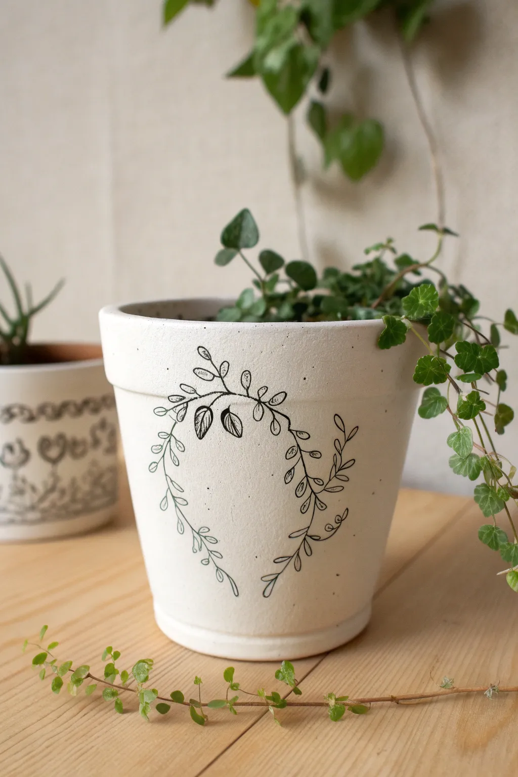Simple vine-doodle pot with trailing greenery, minimalist boho vibes for easy sketch practice