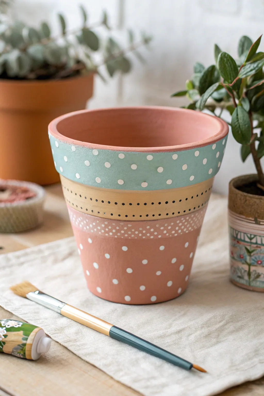 Playful polka dot terracotta pot with a soft confetti gradient for a modern boho craft vibe.