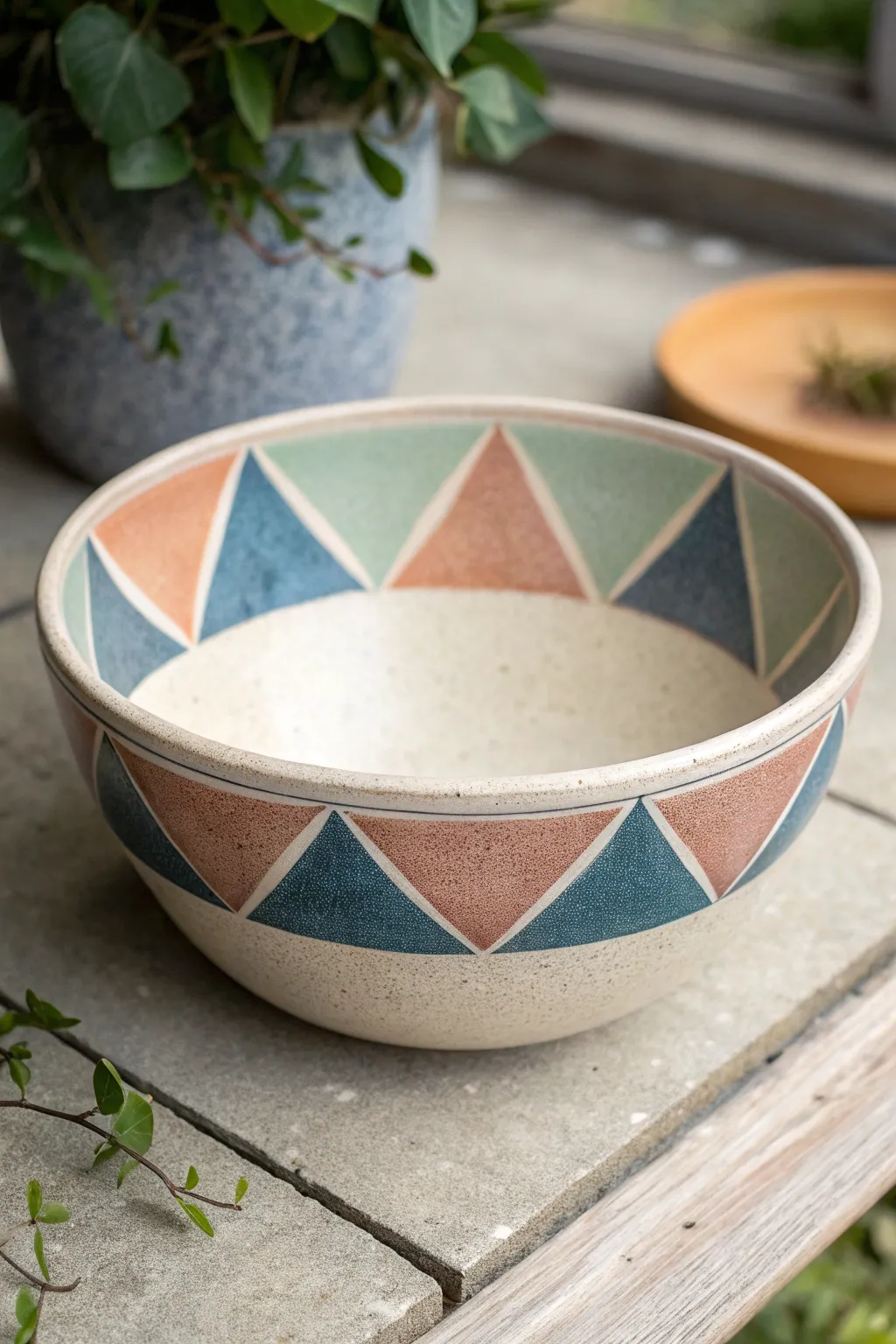 Modern color-blocked pottery bowl with crisp triangles in muted tones and one bold pop