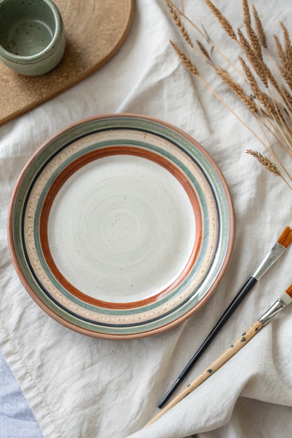 Clean striped pottery plate from above with brush and pencil guide, simple DIY band design.