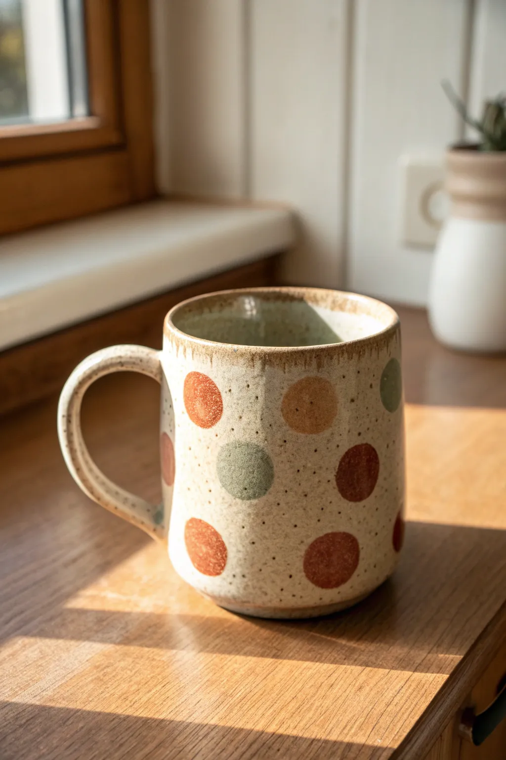 Cozy polka dot pottery mug in cream, terracotta, and sage with warm minimalist charm