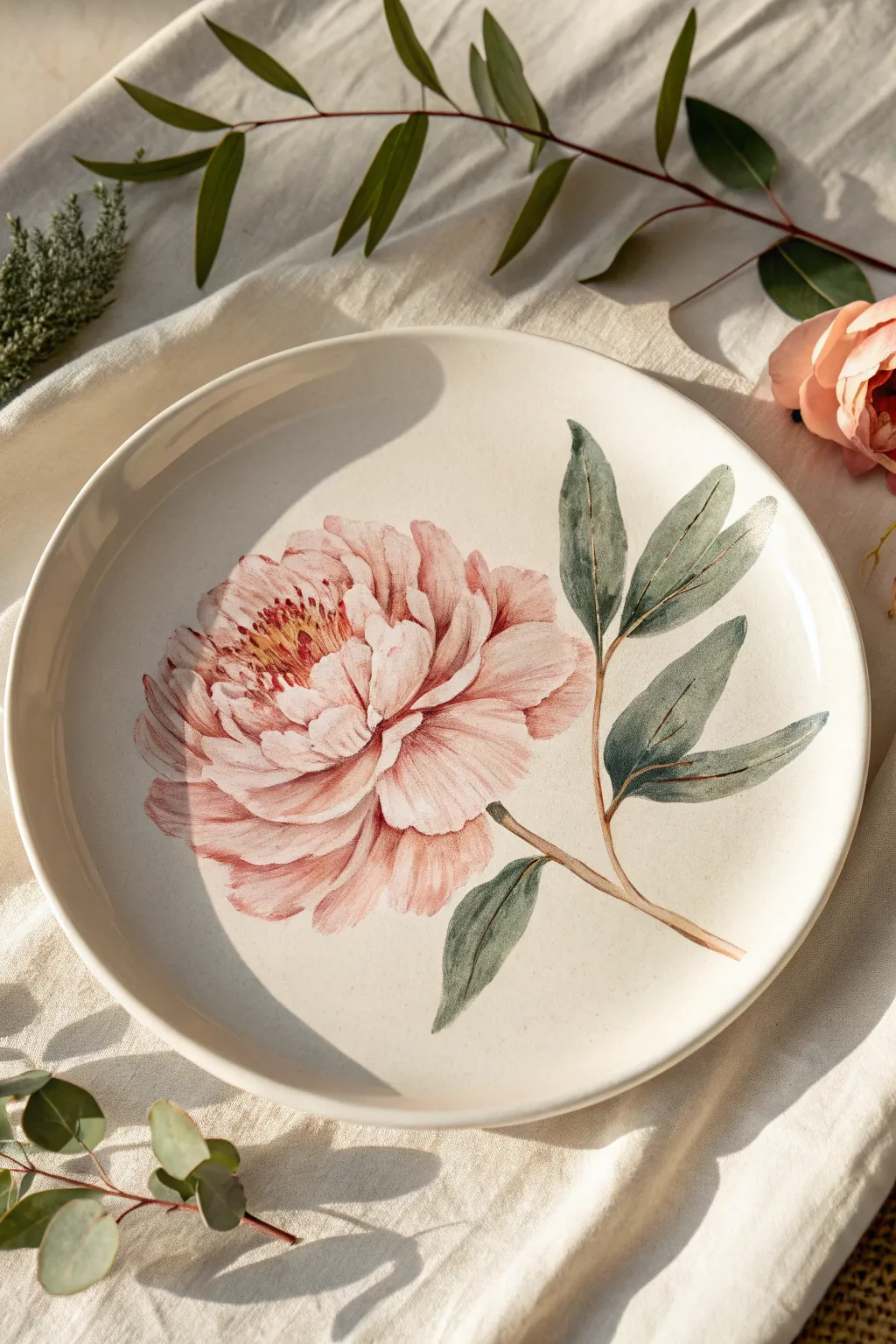 A single statement bloom centered on a plate, with soft brushstrokes and modern minimal contrast