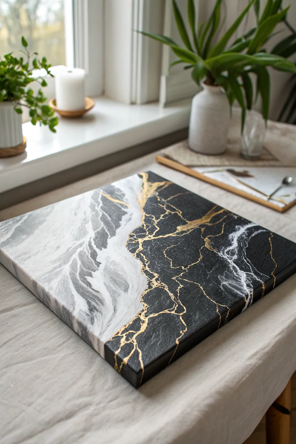 High-contrast black, white, and gold cells on a glossy fresh pour for striking modern drama.