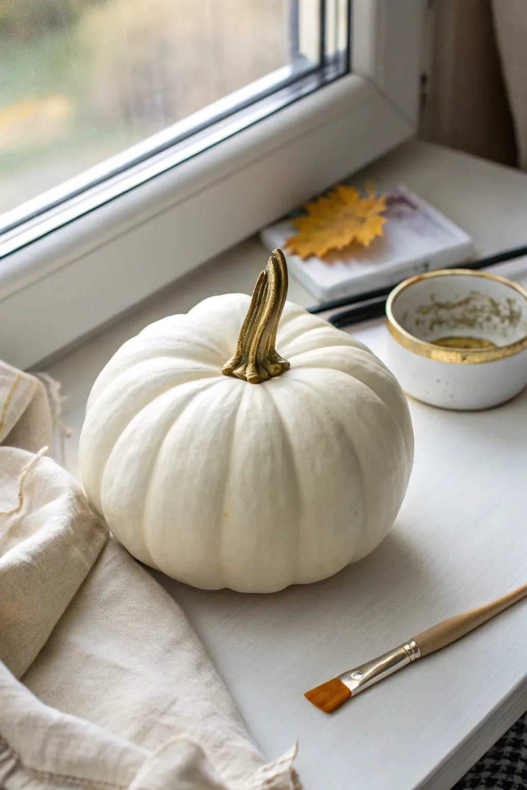 Crisp white pumpkin with a metallic gold stem, a preppy accent for your fall painting table