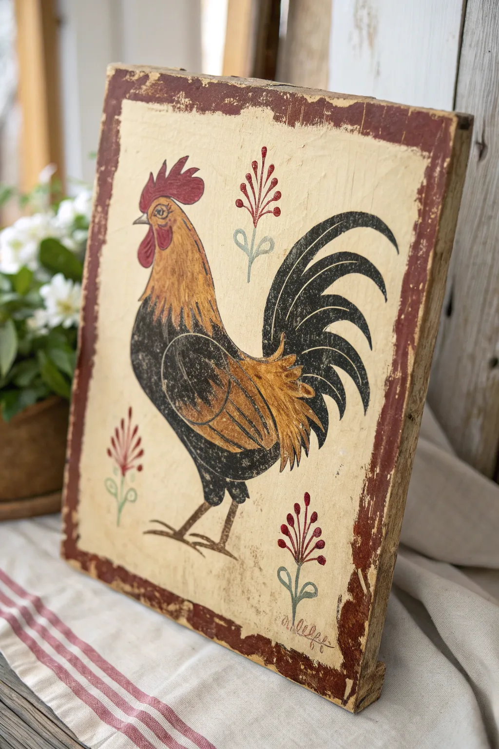 Classic primitive rooster profile with simple folk marks and a softly weathered neutral backdrop