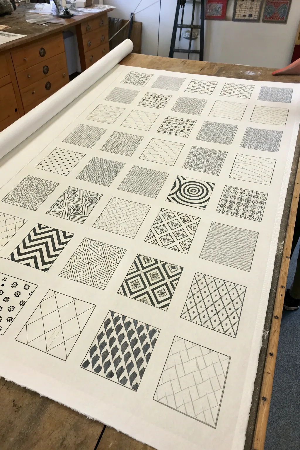 Geometric sampler grid of mini block prints, a calming library of pattern marks to try
