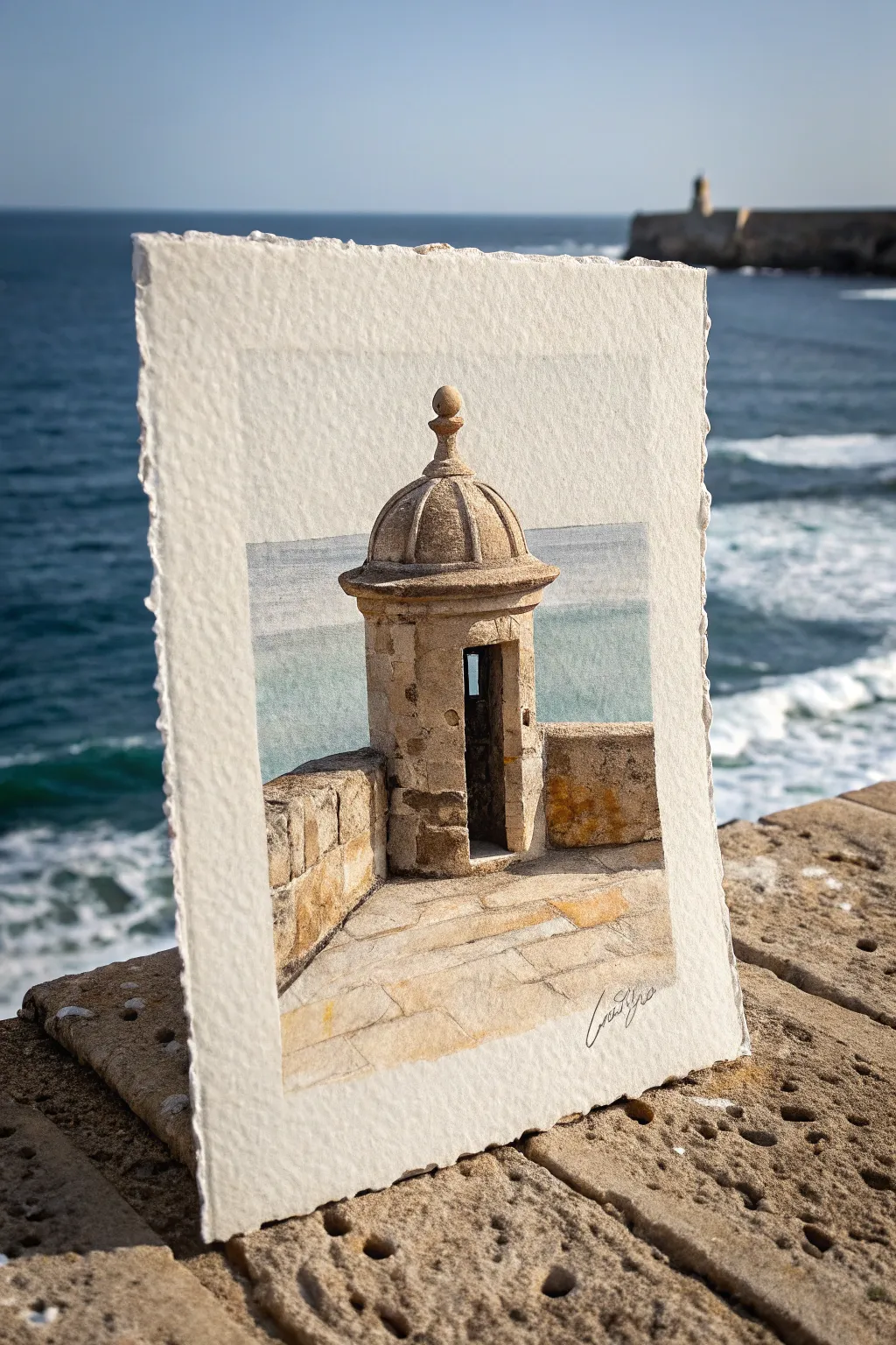 Minimalist Puerto Rico garita sketch with textured ocean waves and a calm horizon backdrop.