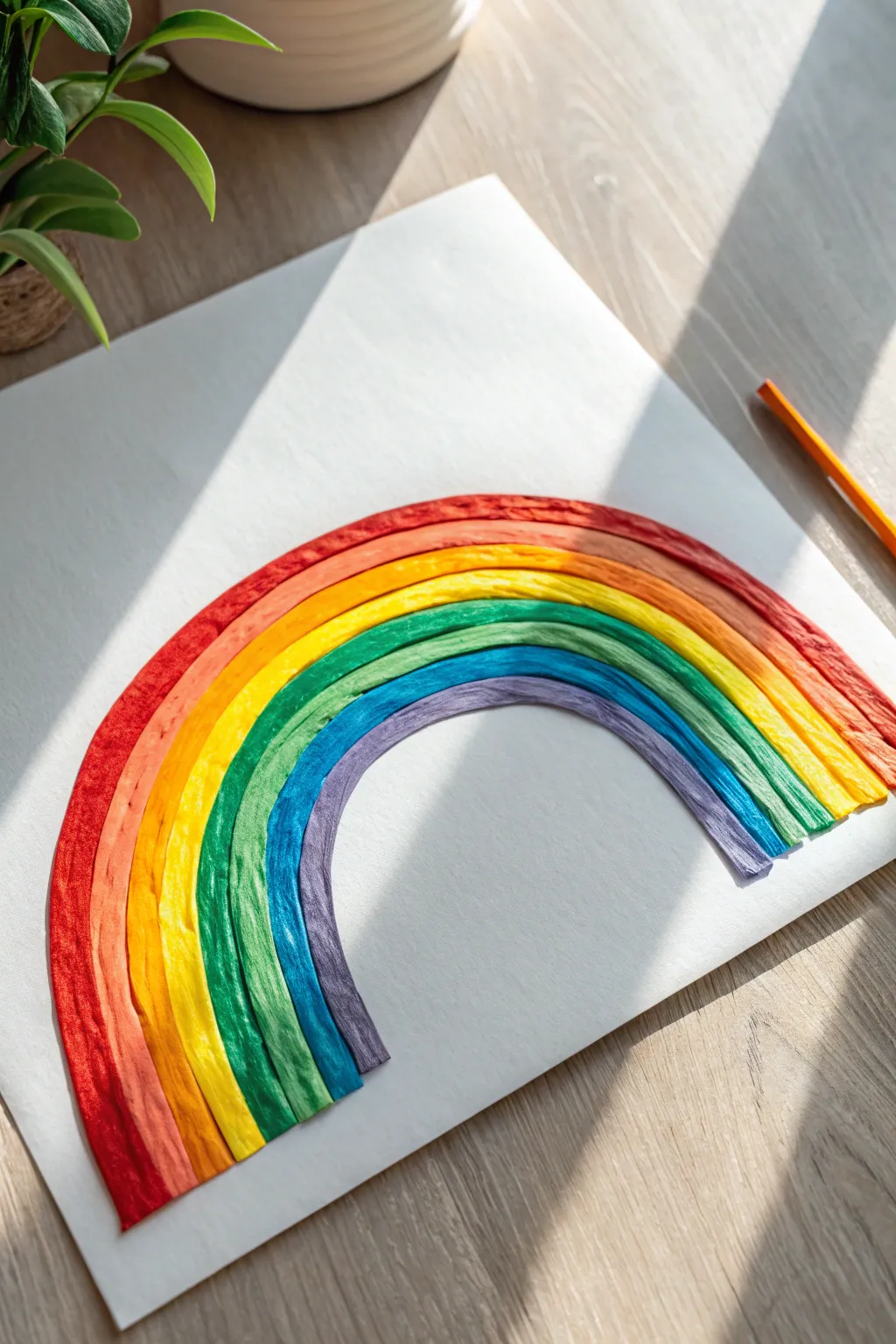 Rainbow arc stripes in puffy paint, crisp on white paper with soft shadows and 3D texture.