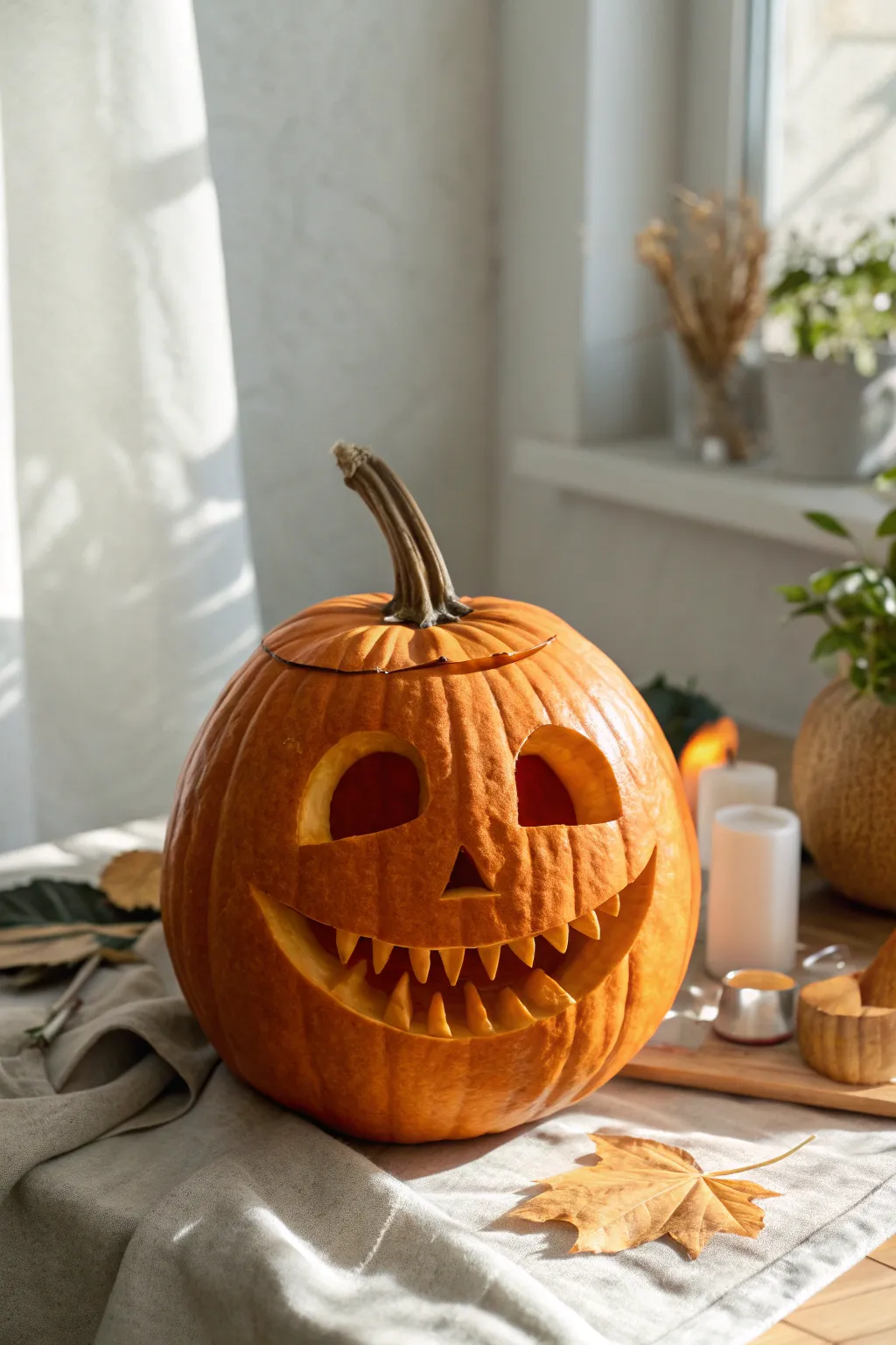 Goofy grin jack-o-lantern with big buck teeth for a playful minimalist autumn vibe