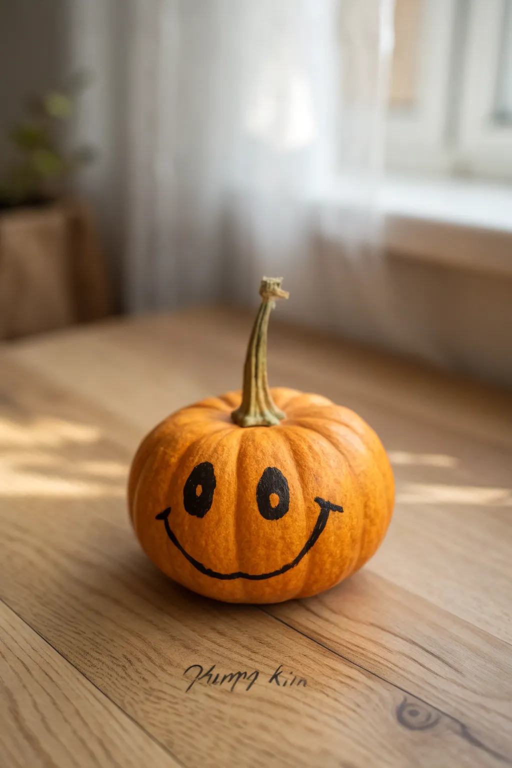 Simple happy pumpkin smile in bold black lines, cozy minimalist styling and soft window light