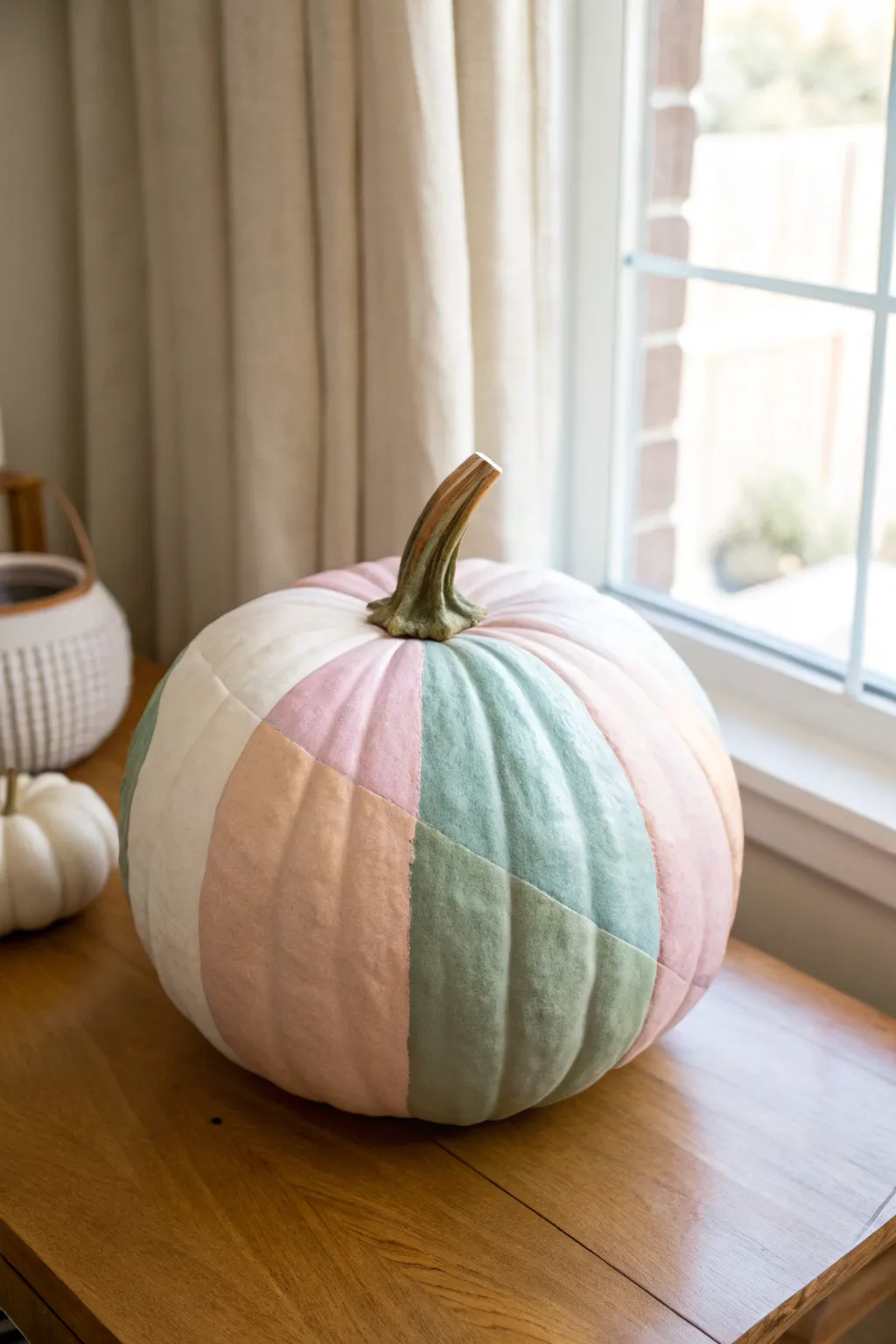 Soft pastel color-block pumpkin centerpiece in blush, sage, and dusty blue on warm wood