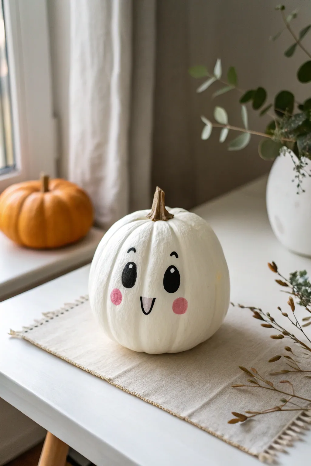 Simple ghost face on a white pumpkin with soft blush cheeks for a cute minimalist vibe
