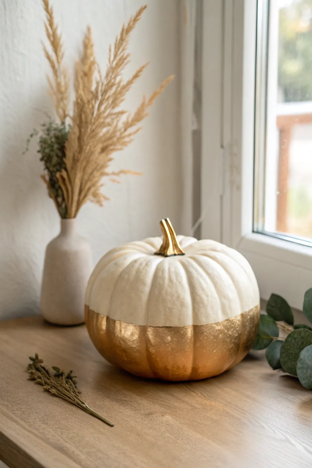Minimalist pumpkin with crisp metallic dip and soft dried botanicals for chic fall decor