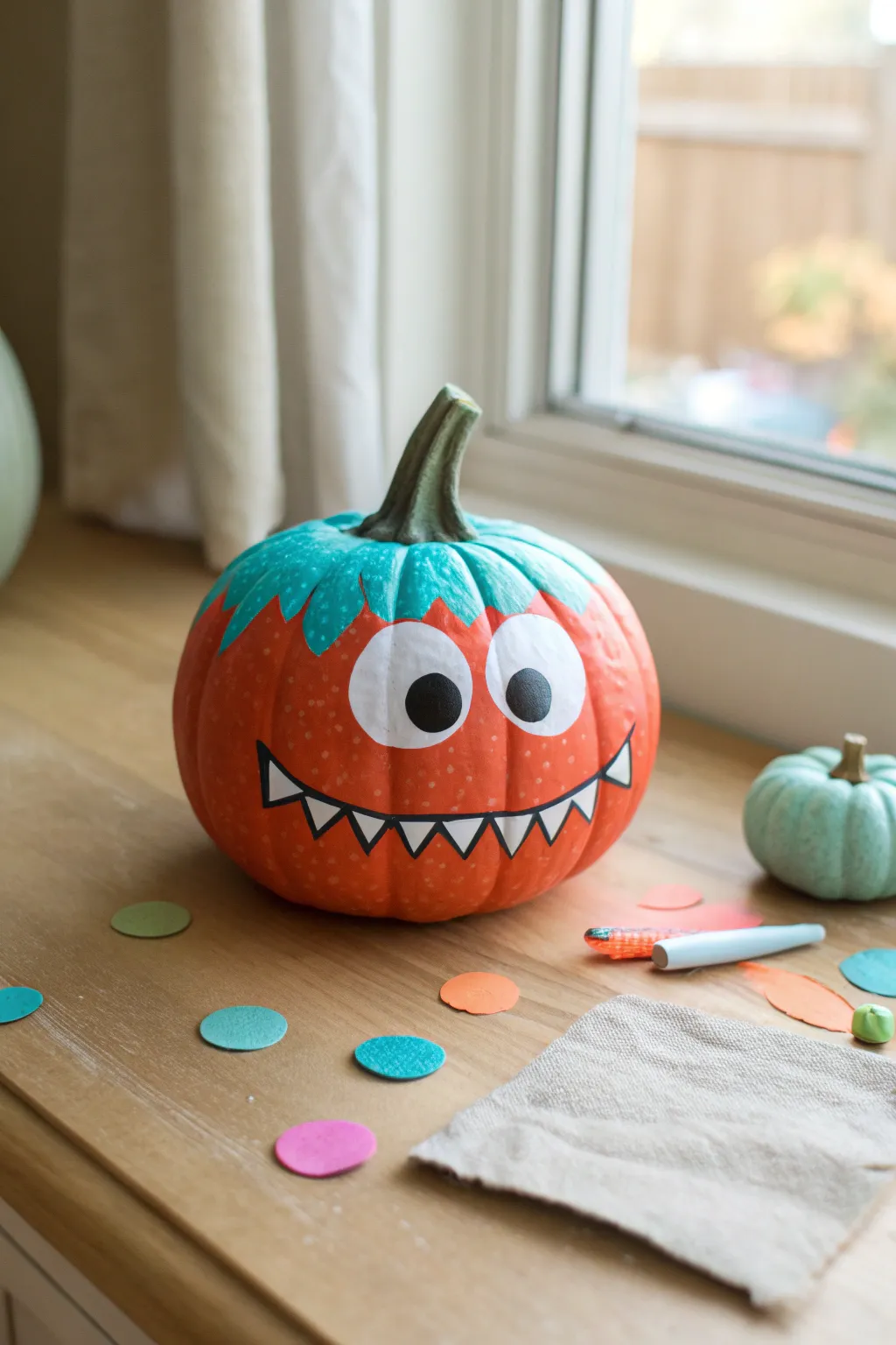 Bright mini pumpkin with a goofy monster face, plus simple paper add-ons for easy kids crafting.