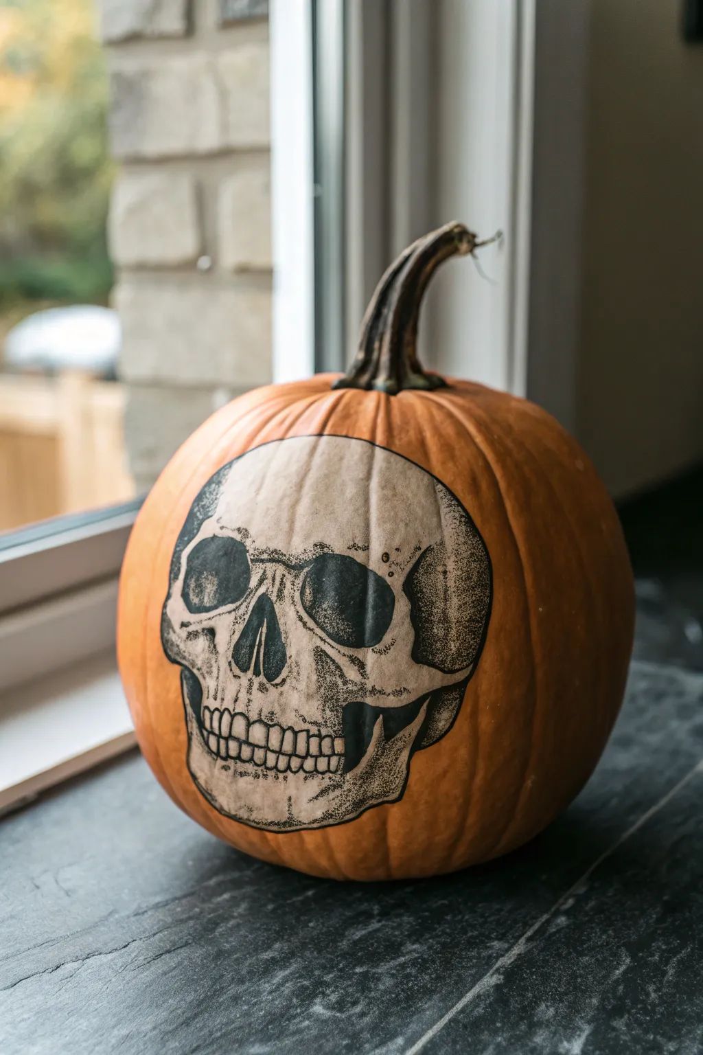 Bold skull pumpkin portrait in grayscale, perfect for a sleek minimalist Halloween vibe.