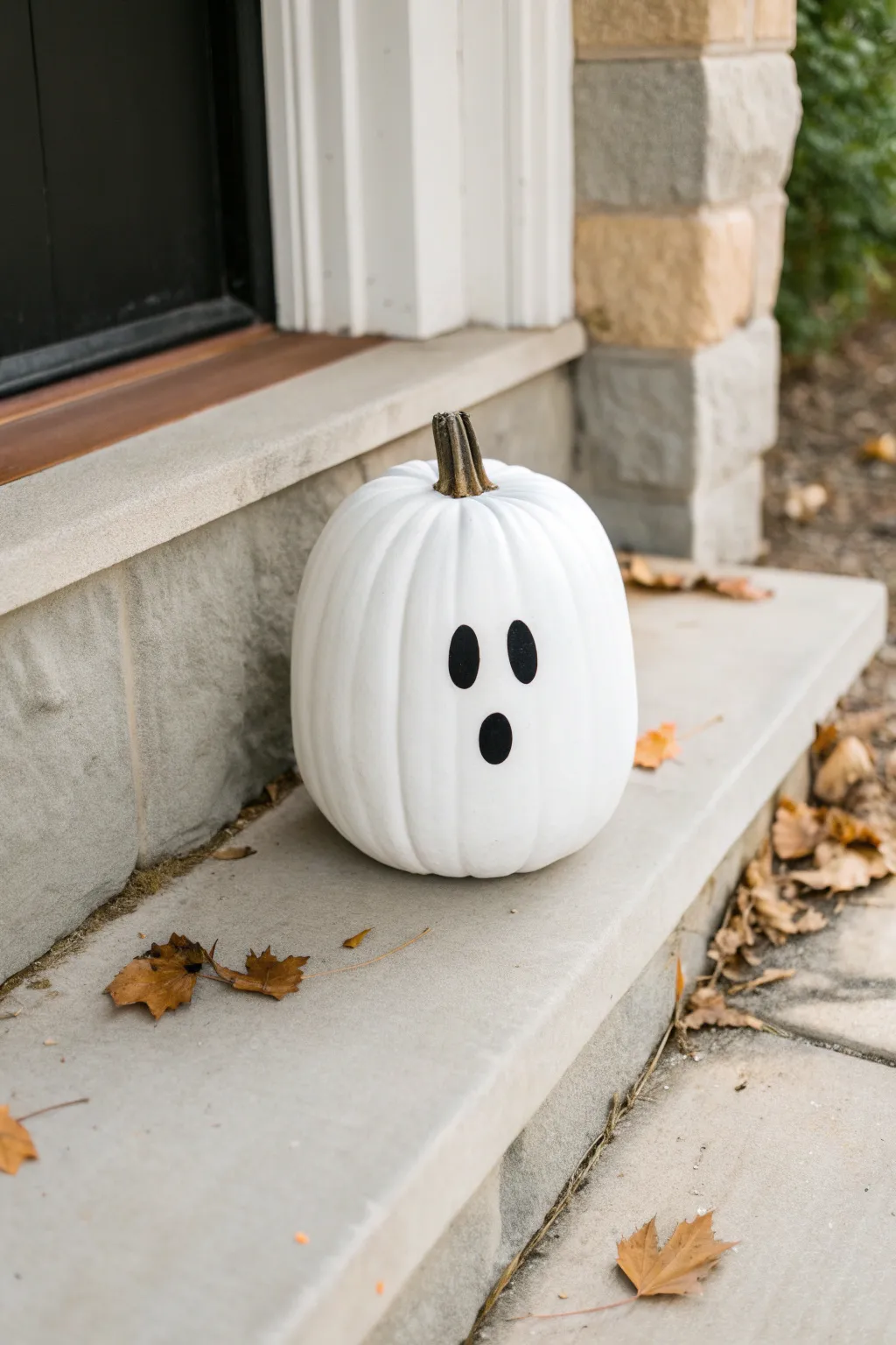 Matte white pumpkin ghost with simple black face, styled minimally on a porch step