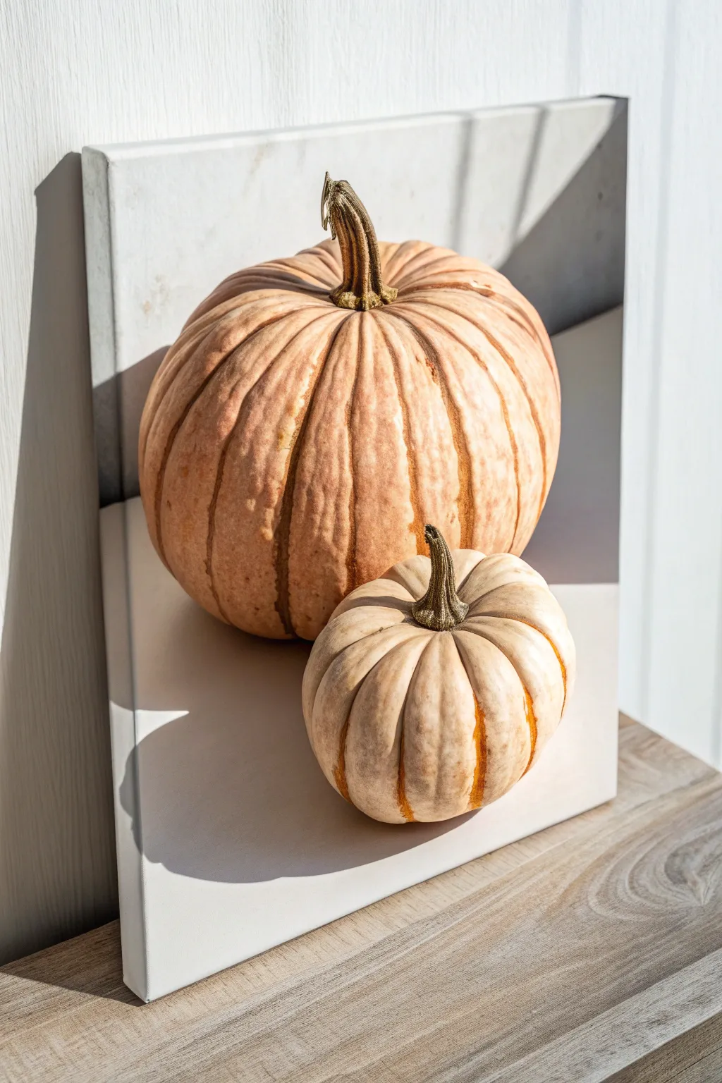 Two overlapping pumpkins on canvas with crisp ridges and a cast shadow for easy 3D depth.