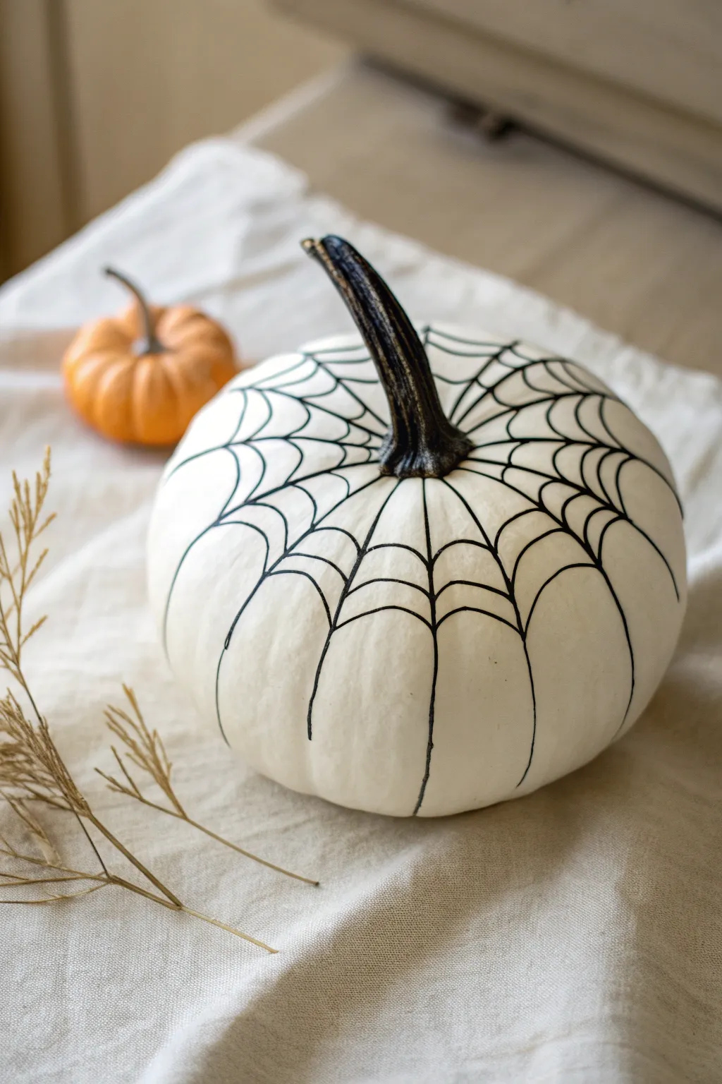 Neat black spiderweb radiating from the stem on a white pumpkin, minimalist and chic.