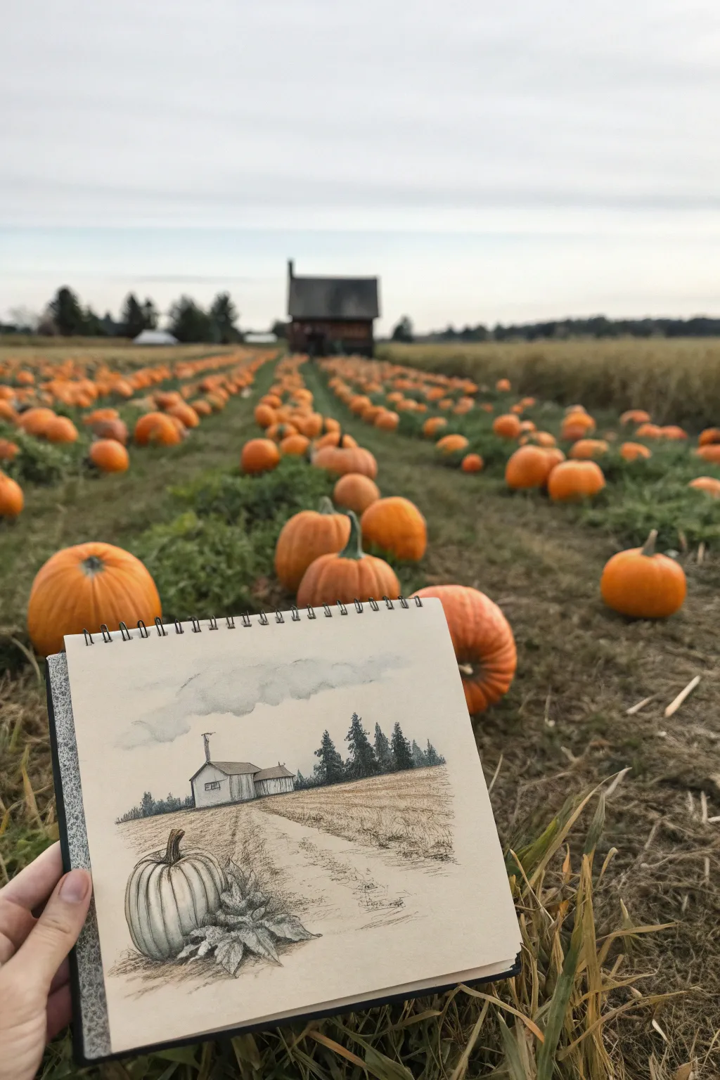 Minimalist barn silhouette behind a warm pumpkin patch, perfect for cozy fall sketching