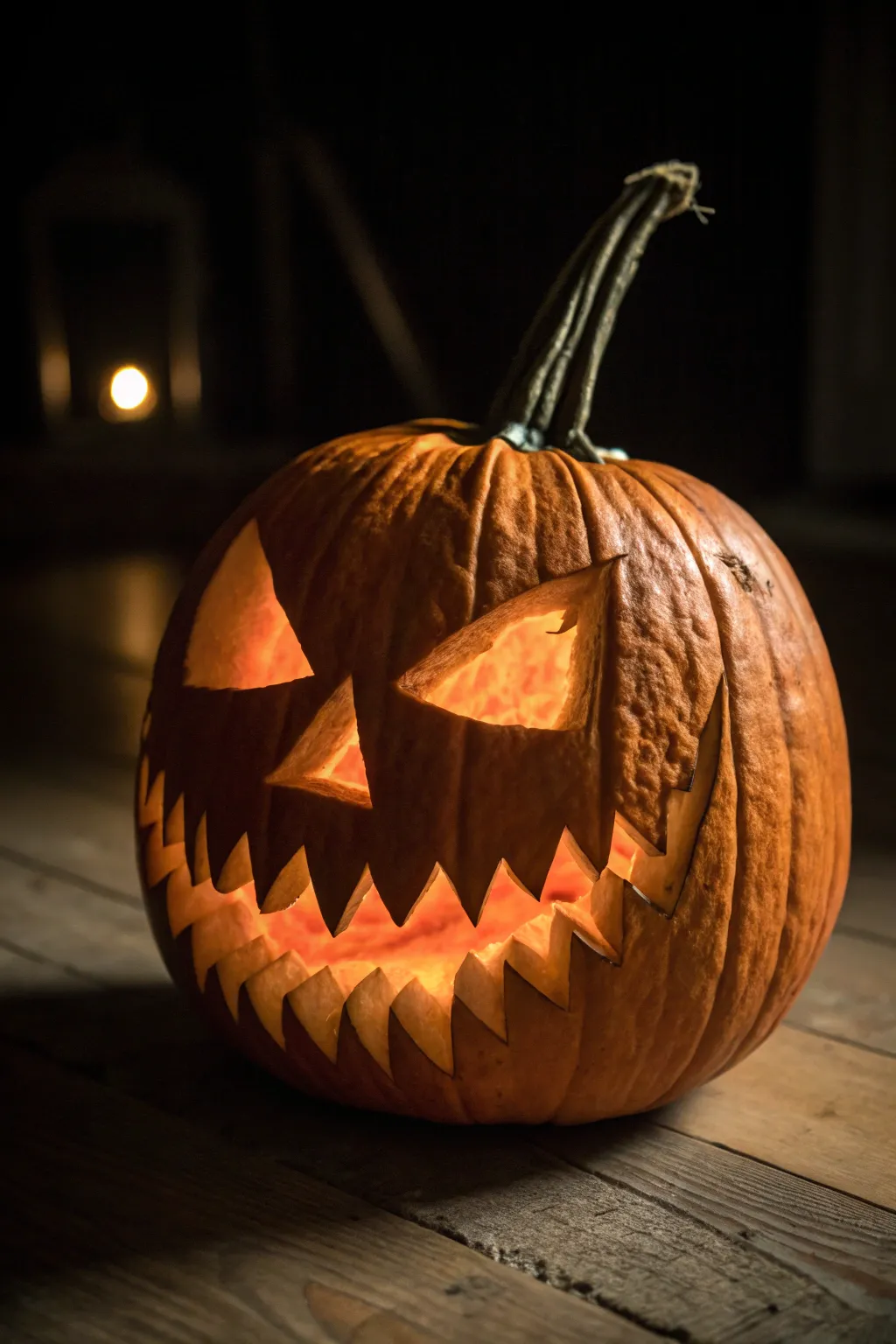 Jagged grin pumpkin with extra-deep cuts, half-lit for striking contrast in a minimalist scene.