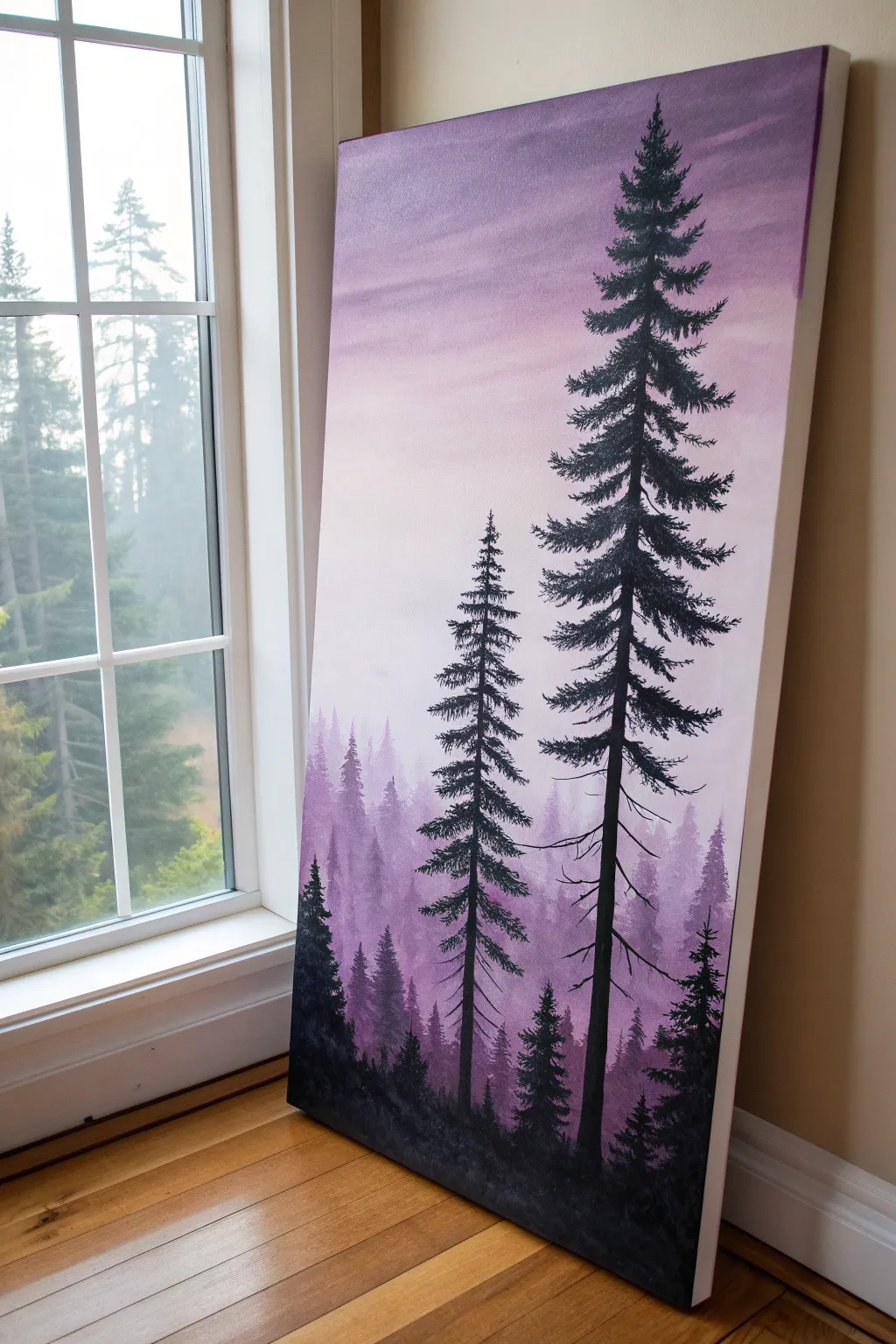 Bold black pines in lilac fog, a minimalist purple acrylic scene with moody depth