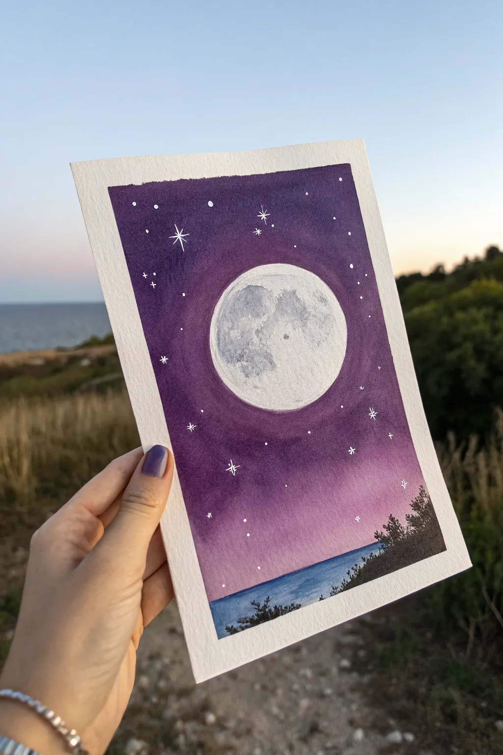 Easy purple night sky painting: bright full moon, soft halo glow, and tiny scattered stars.