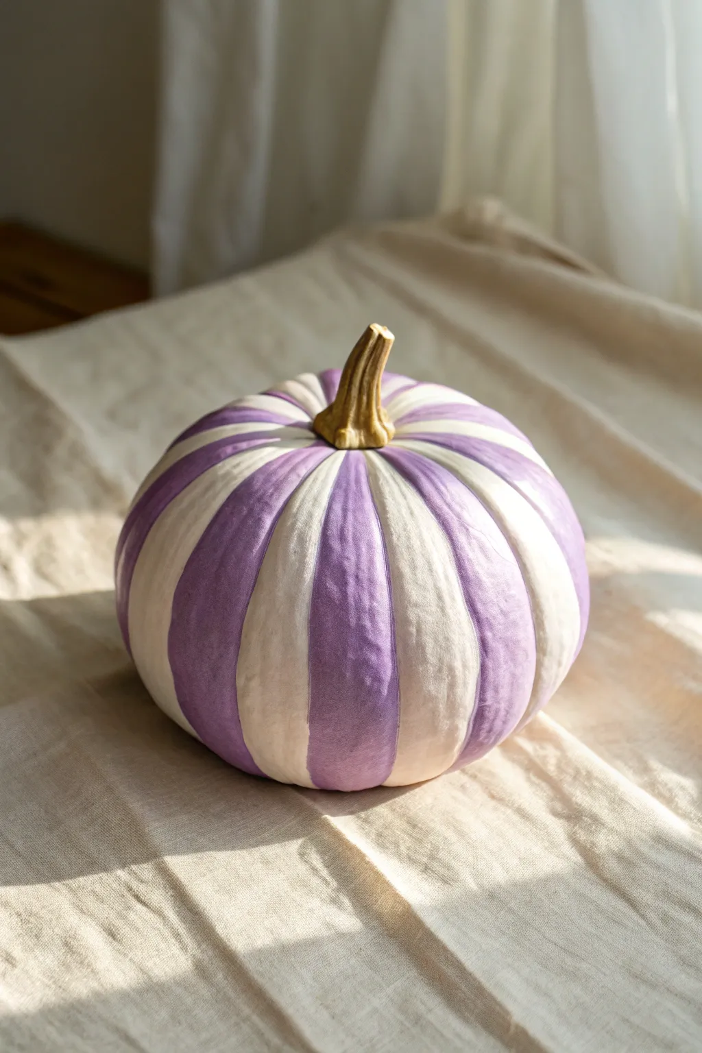 Modern purple pumpkin with lavender-to-plum stripes, crisp edges, and matte minimalist charm.