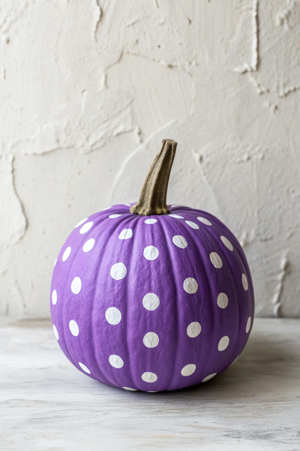 Matte purple pumpkin with crisp white polka dots for a modern minimalist fall accent.