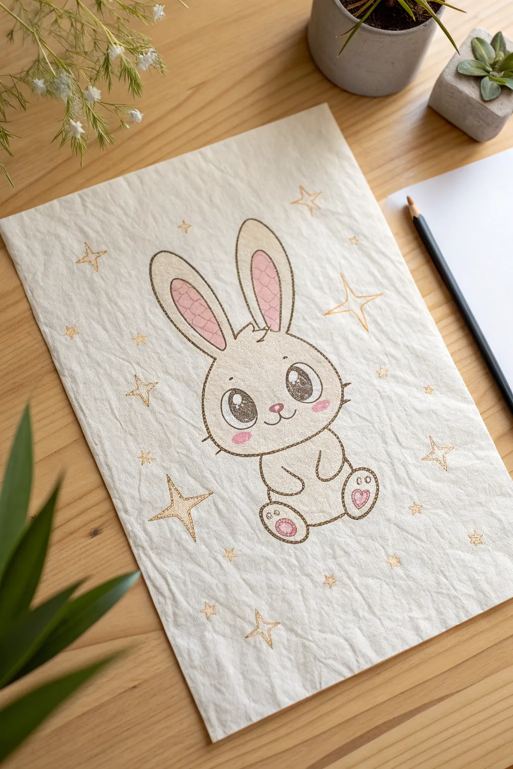 Adorable chibi bunny with big sparkly eyes, perfect minimalist sketch inspiration
