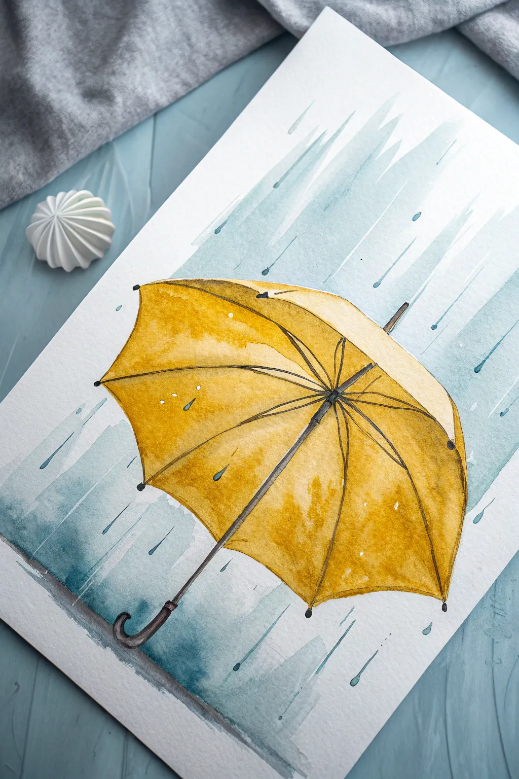 Paint a bold sunny umbrella against a misty gray rain wash for instant contrast.