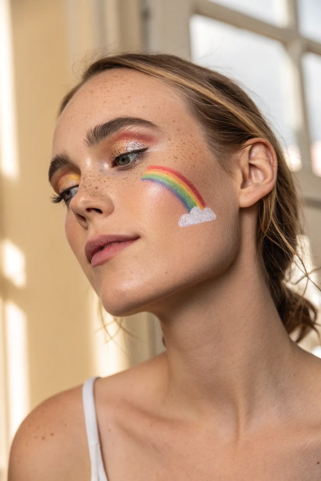 Minimalist one-eye rainbow sweep with a tiny cloud, made for a modern boho face-paint look.