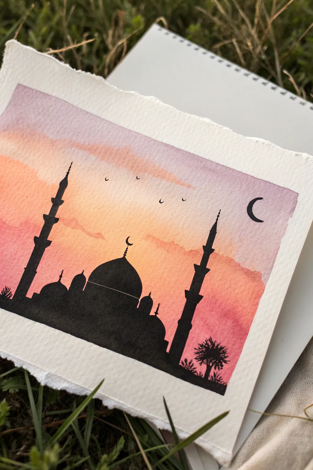 Ramadan painting idea: a bold mosque silhouette set against a peach-to-violet sunset gradient